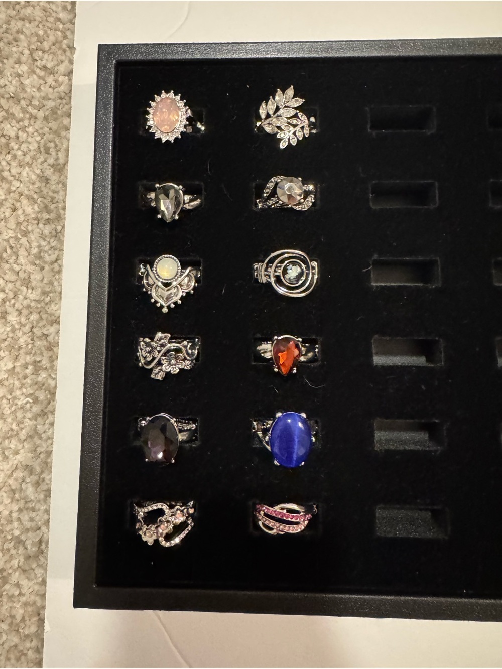 Silver-Tone Assorted Gemstone Ring Set - Blue, Orange, Clear, Black, Pink